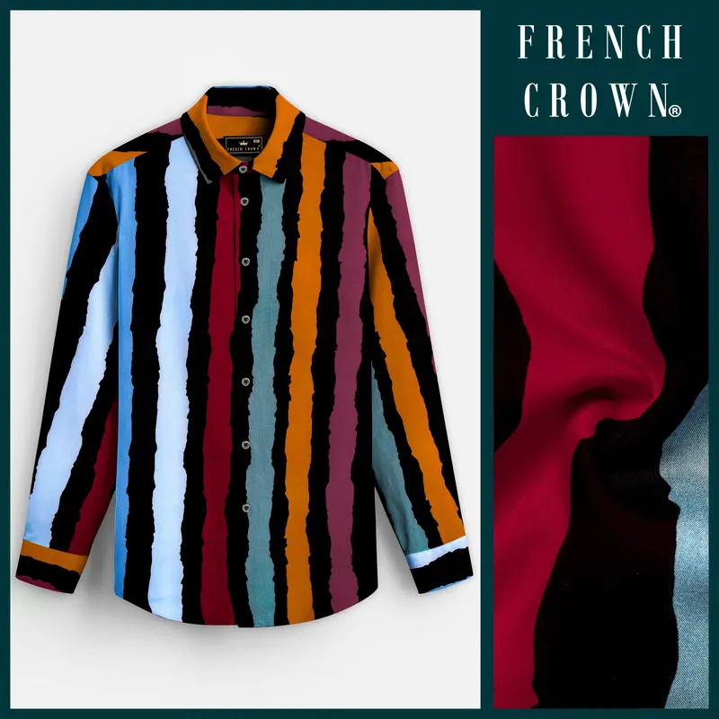 Jade Black With Tropical Blue Multicolour Striped Premium Tencel Shirt 7