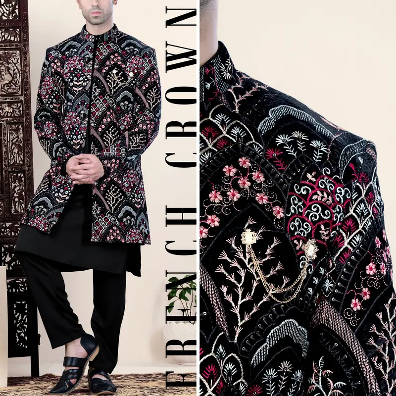 Jade Black With Tyrian Pink And Opium Brown Multicolour Floral Embroidered Indo-Western Set 1