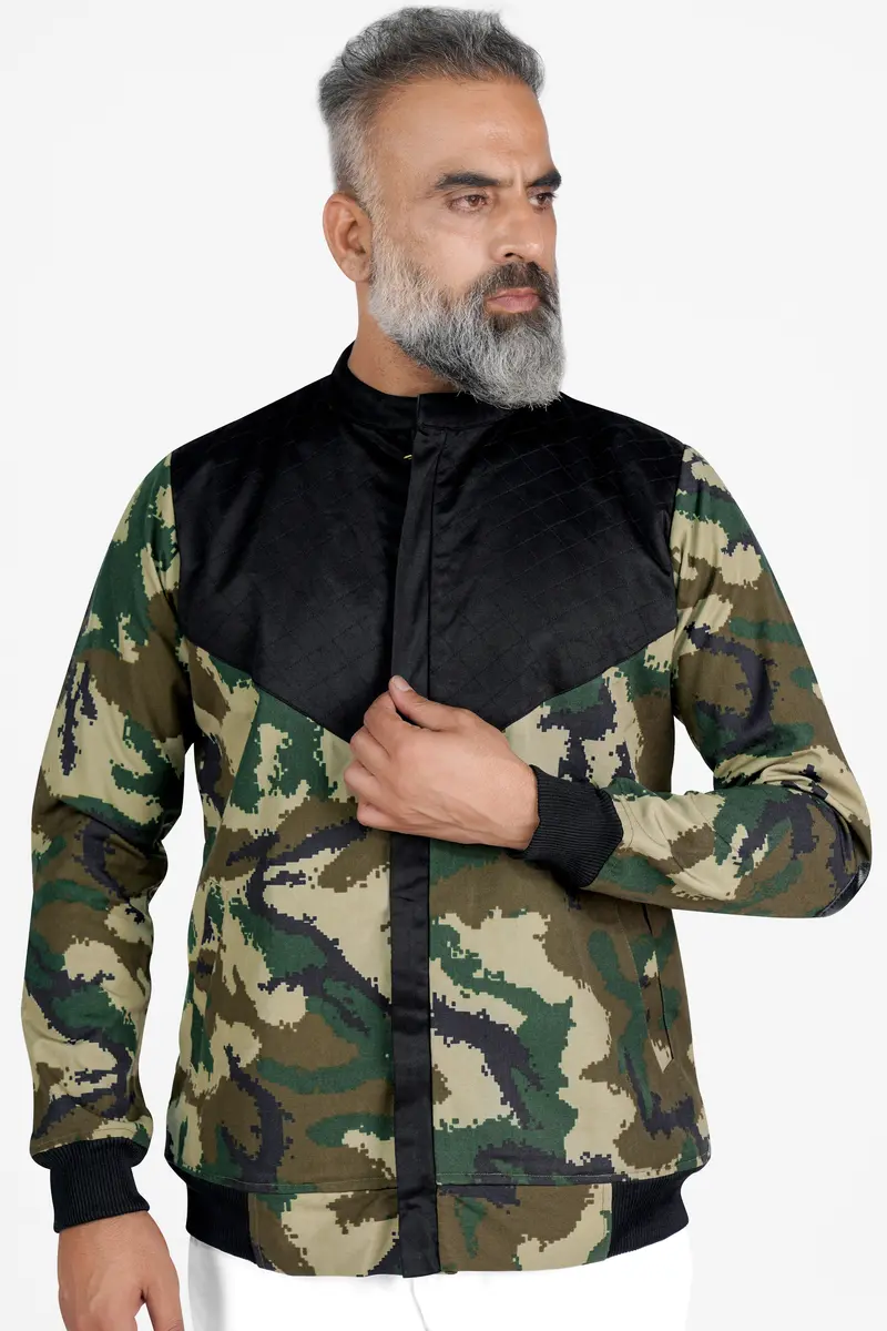 Jade Black With Wheat Brown And Feldgrau Green Camouflage Royal Oxford Designer Bomber Jacket 2