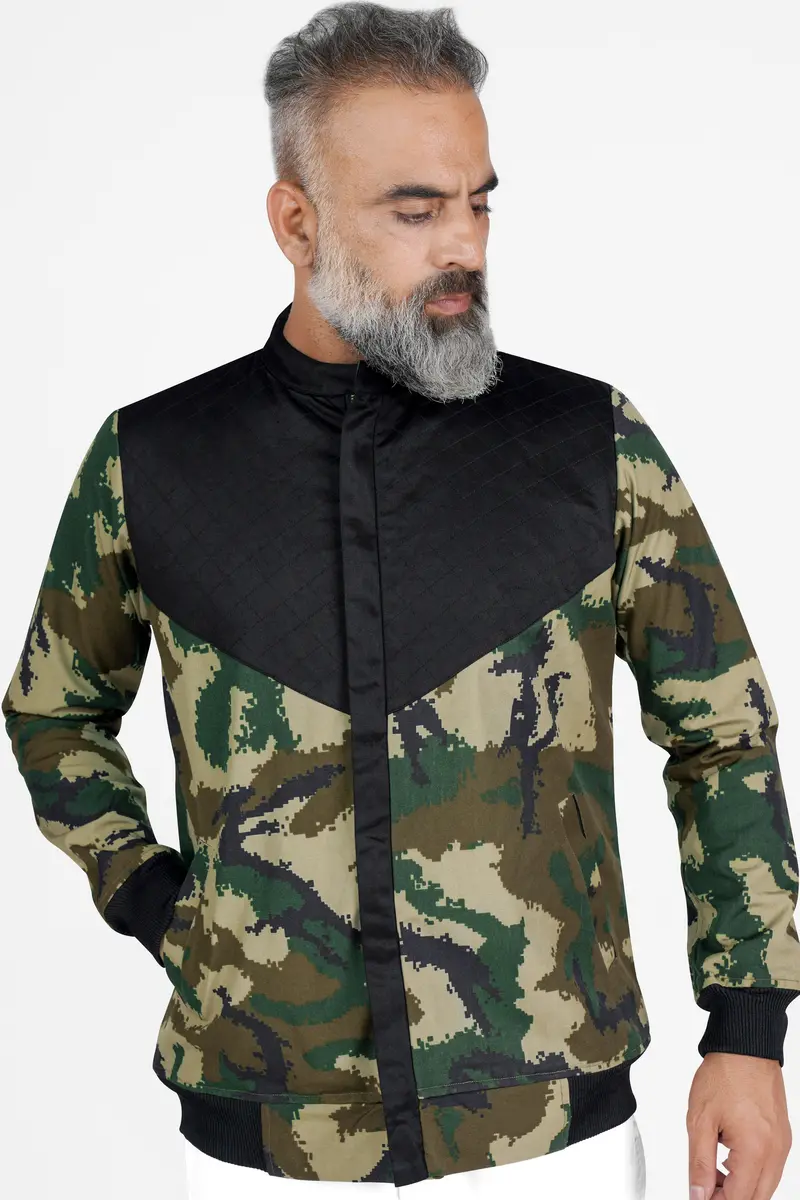 Jade Black With Wheat Brown And Feldgrau Green Camouflage Royal Oxford Designer Bomber Jacket 4