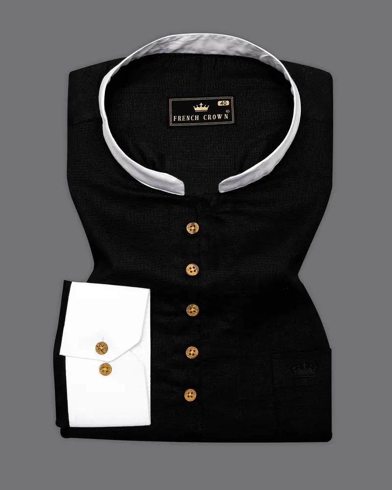 Jade Black With White Collar And Cuffs Dobby Textured Kurta Shirt 1