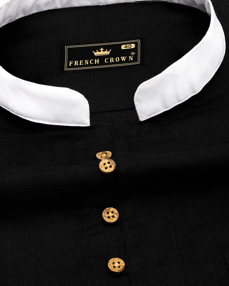 Jade Black With White Collar And Cuffs Dobby Textured Kurta Shirt 3