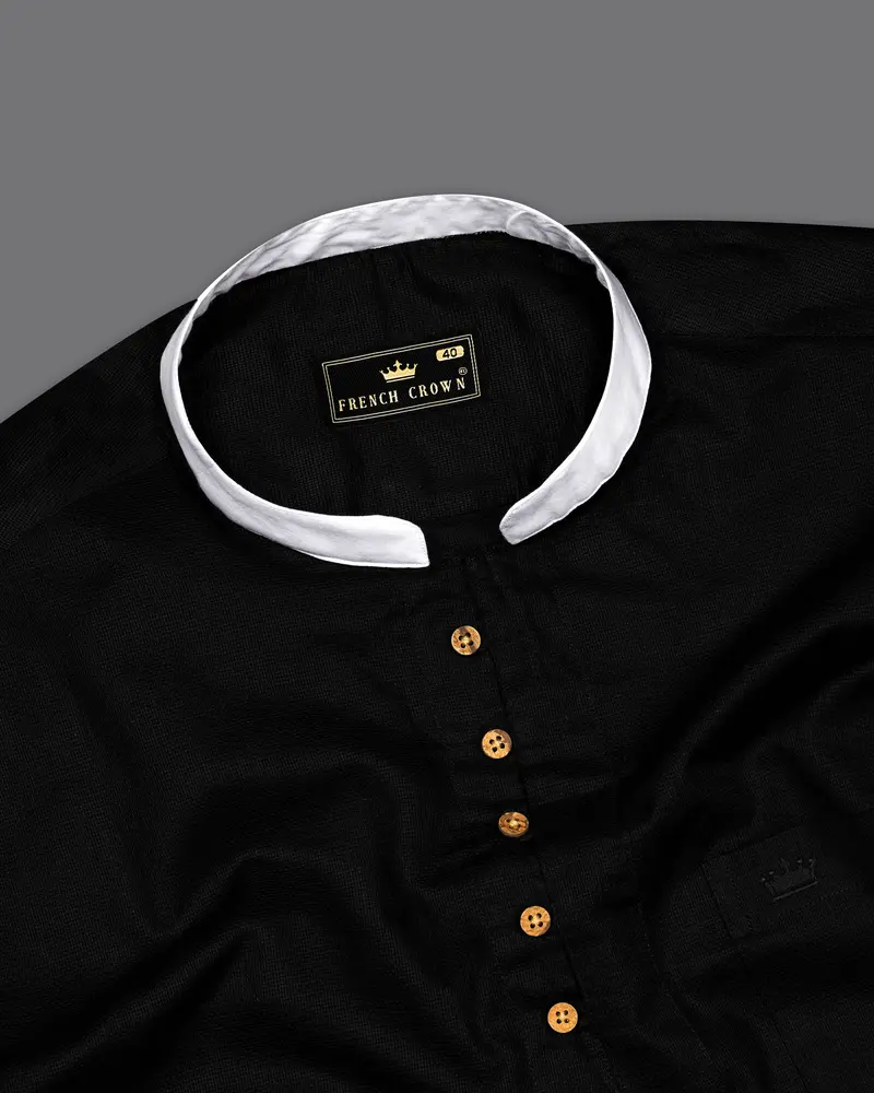 Jade Black With White Collar And Cuffs Dobby Textured Kurta Shirt 4
