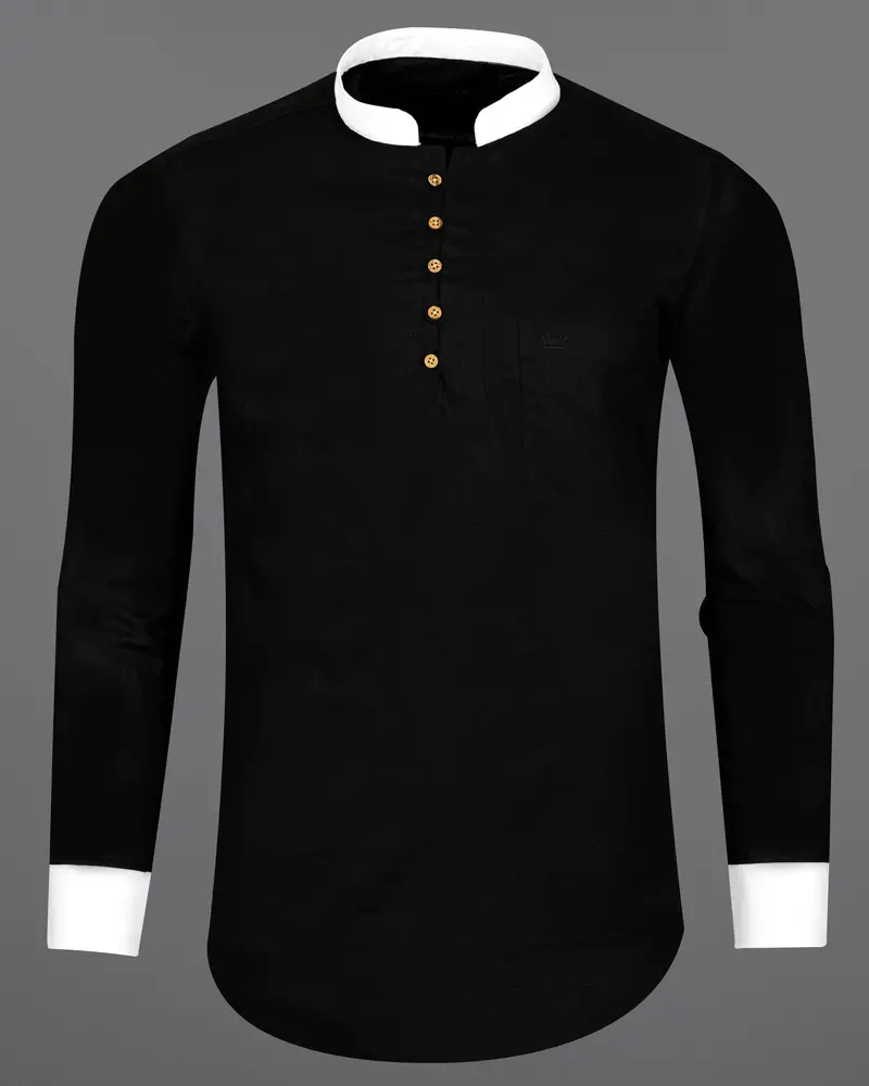 Jade Black With White Collar And Cuffs Dobby Textured Kurta Shirt 5