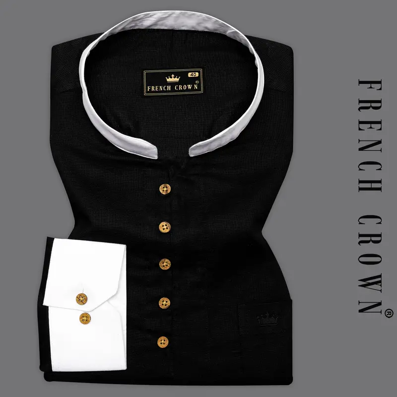 Jade Black With White Collar And Cuffs Dobby Textured Kurta Shirt 7
