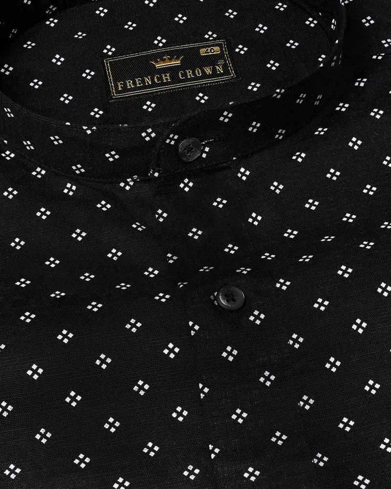 Jade Black With White Geometric Print Luxurious Linen Shirt 1