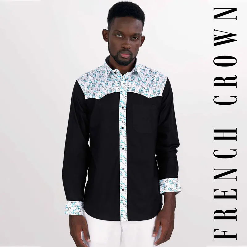 Jade Black With White Printed Royal Oxford Designer Shirt 1