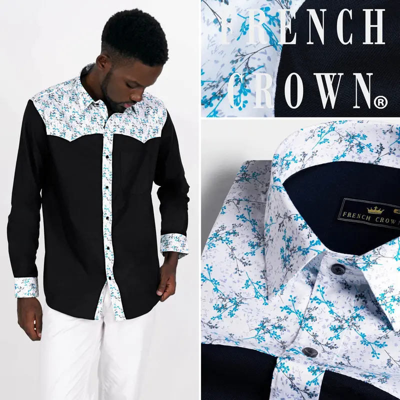 Jade Black With White Printed Royal Oxford Designer Shirt 11