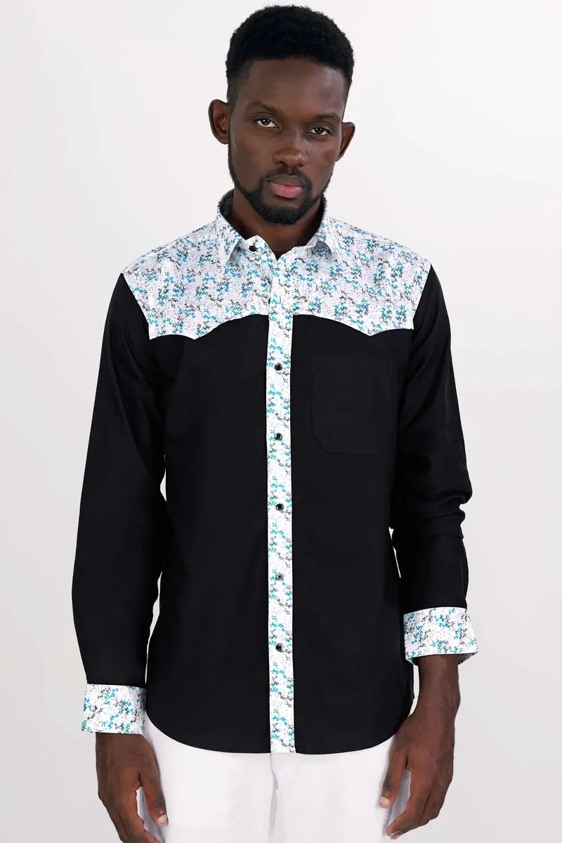 Jade Black With White Printed Royal Oxford Designer Shirt 2
