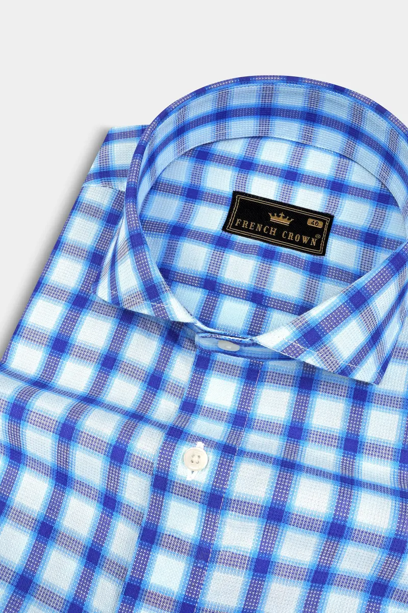 Jagged Ice And Cerulean Blue Checkered Dobby Textured Premium Giza Cotton Shirt 1