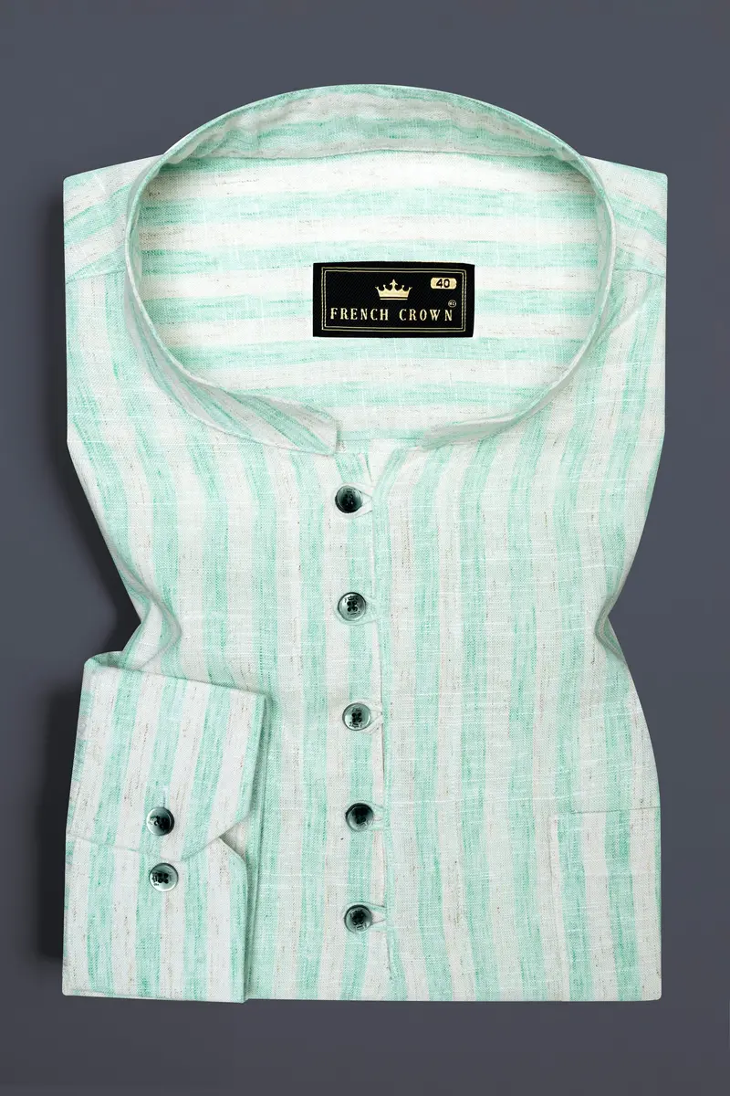 Jagged Ice Blue And Cararra Cream Striped Luxurious Linen Designer Kurta Shirt 2
