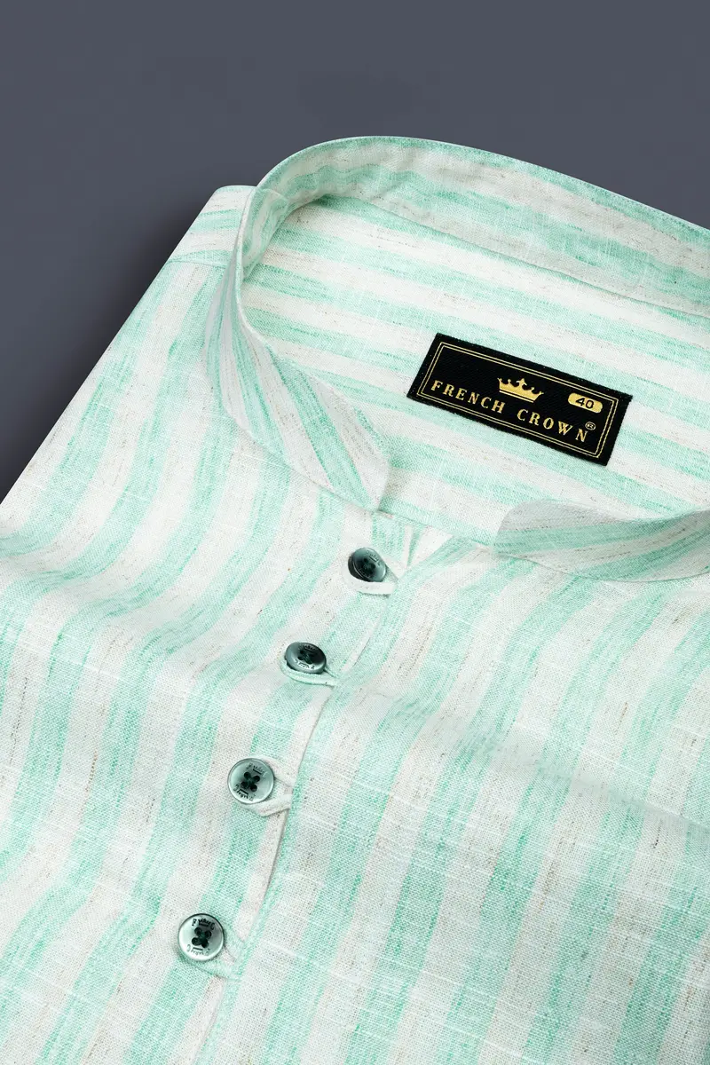 Jagged Ice Blue And Cararra Cream Striped Luxurious Linen Designer Kurta Shirt 4