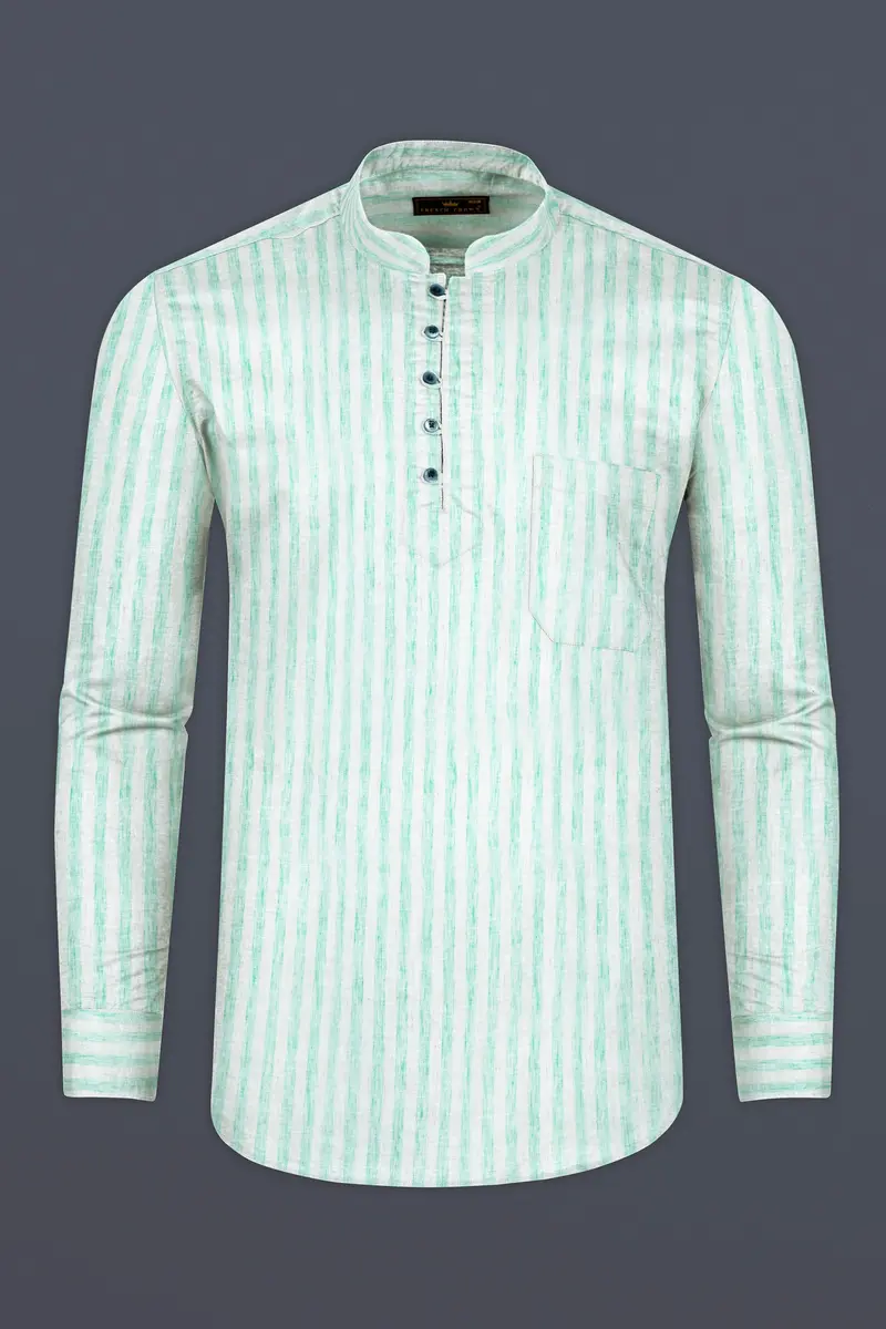 Jagged Ice Blue And Cararra Cream Striped Luxurious Linen Designer Kurta Shirt 5