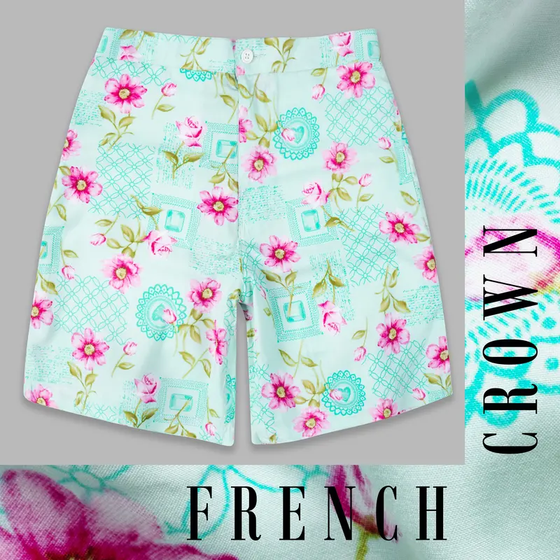Jagged Ice Blue And Hopbush Pink Multicolour Floral Printed Subtle Sheen Super Soft Premium Cotton Short 1