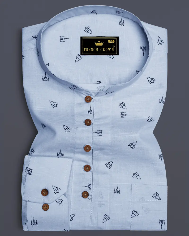 Jagged Ice Blue Rocket Printed Chambray Premium Cotton Kurta Shirt 1