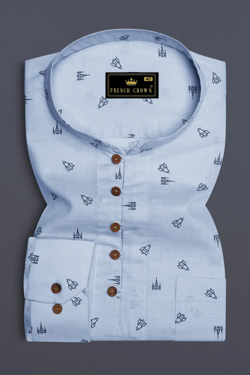 Jagged Ice Blue Rocket Printed Chambray Premium Cotton Kurta Shirt 2