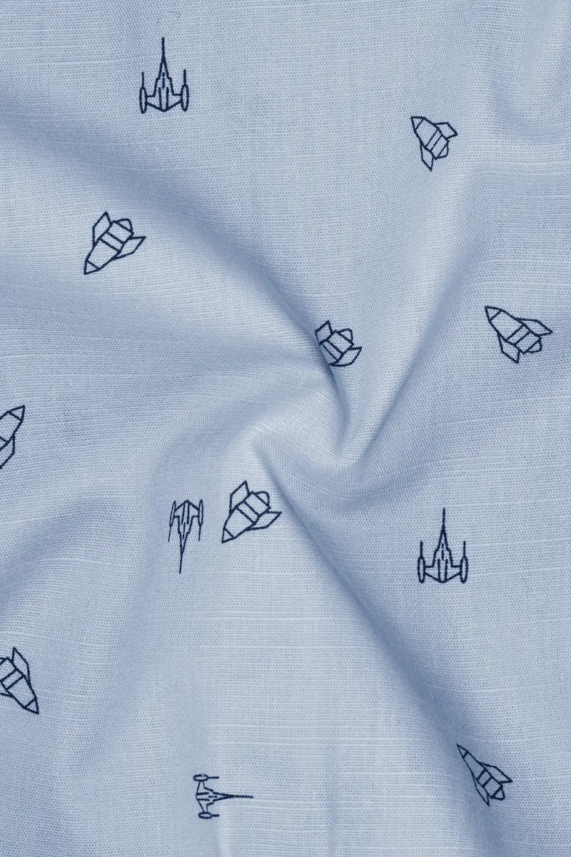 Jagged Ice Blue Rocket Printed Chambray Premium Cotton Kurta Shirt 3