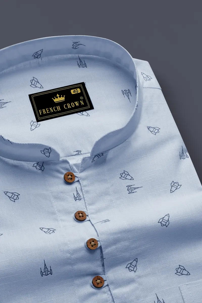 Jagged Ice Blue Rocket Printed Chambray Premium Cotton Kurta Shirt 4