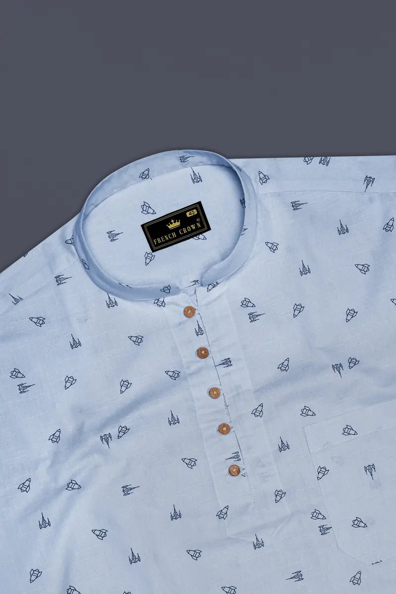 Jagged Ice Blue Rocket Printed Chambray Premium Cotton Kurta Shirt 5