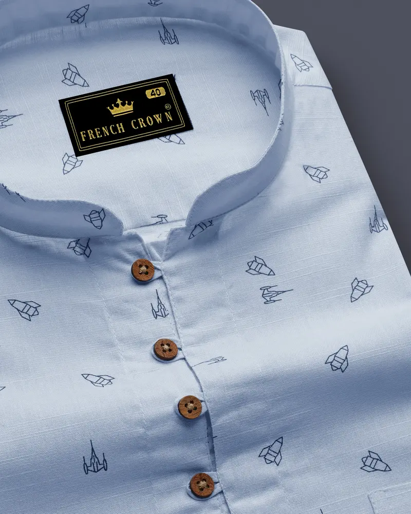 Jagged Ice Blue Rocket Printed Chambray Premium Cotton Kurta Shirt 6