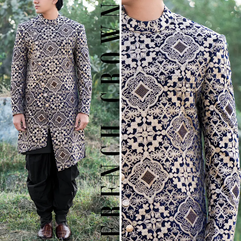 Jaguar Black Velvet Embroidered And Tikki Work Sherwani With Kurta, Dhoti Set 1