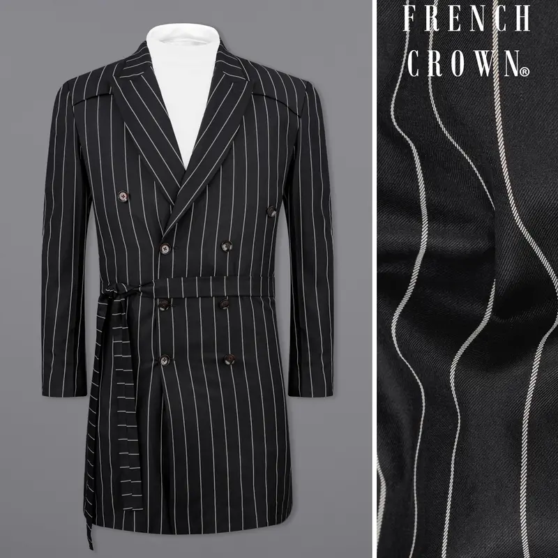 Jaguar Black With Concrete Gray Striped Double Breasted Belt Closure Overcoat Belt Closure 1
