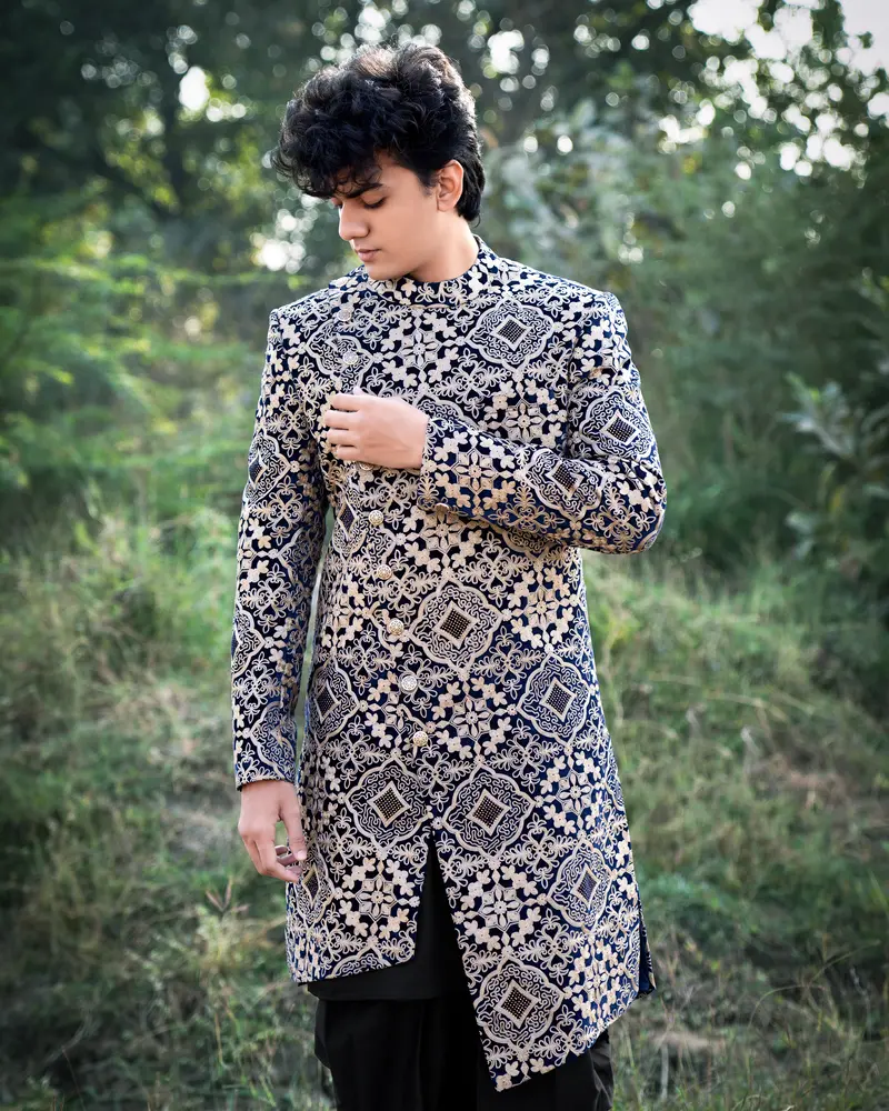 Jaguar Black With Sandal Brown Velvet Tikki Work With Cotton Embroidered Thread Work Cross Placket Bandhgala Asymmetrical Patterned Sherwani 1