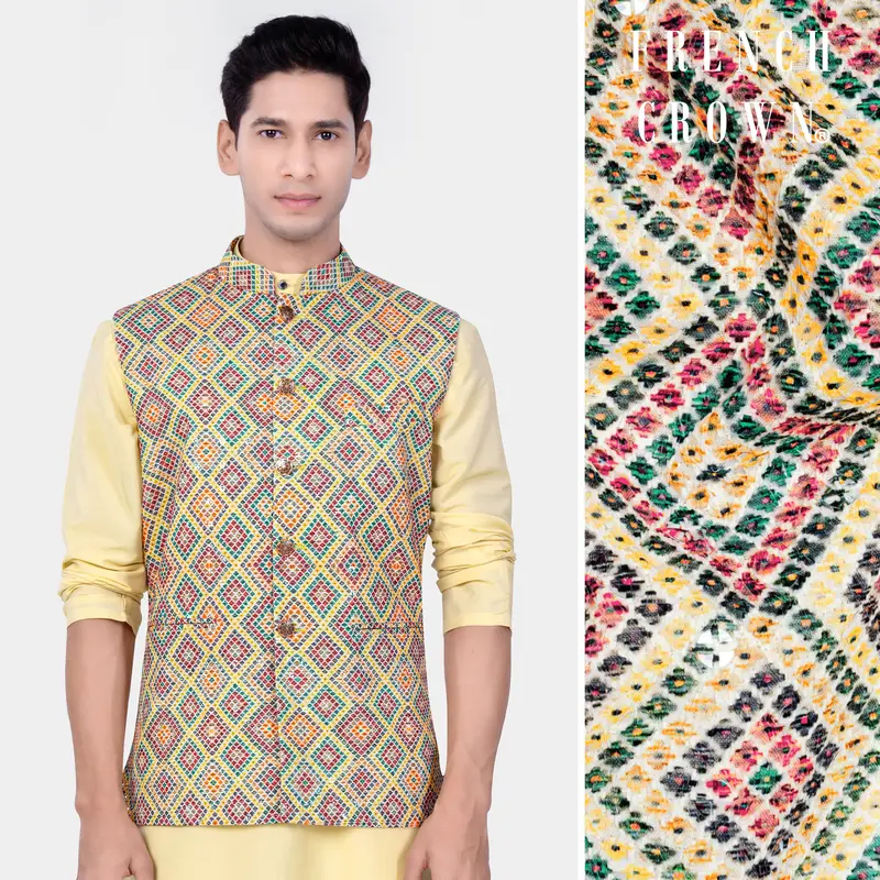 Jasmine Yellow And Lochinvar Green Trellis Designer Embroidered Nehru Jacket 1