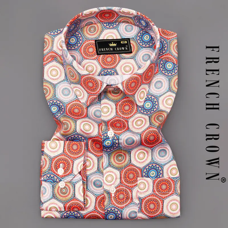 Jasper Red With Sapphire Blue Hexagonal Design Super Soft Premium Cotton Shirt 1