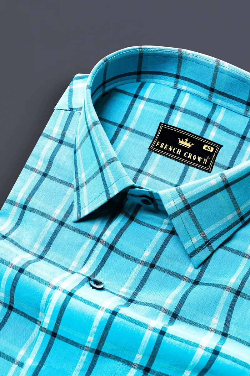 Jellyfish Blue With White Checkered Premium Cotton Shirt 1