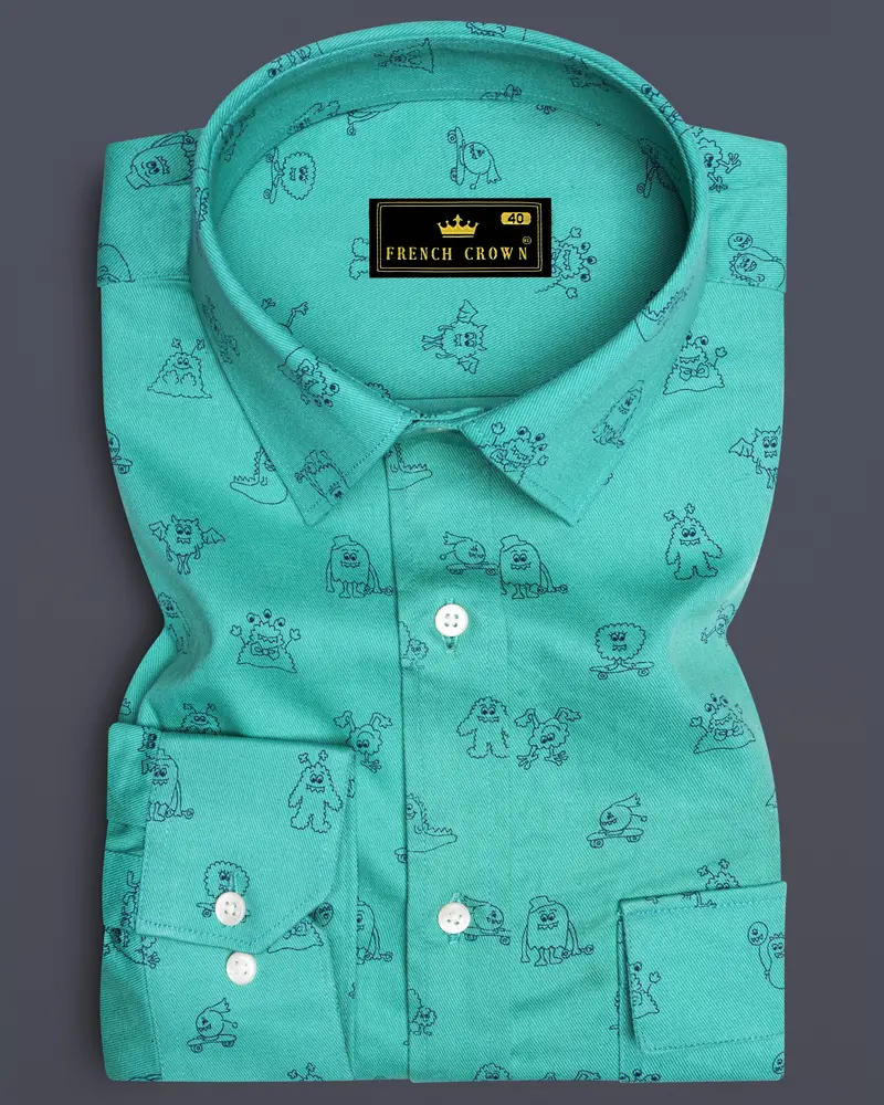 Jellyfish Green With Alien Printed Royal Oxford Designer Shirt 1