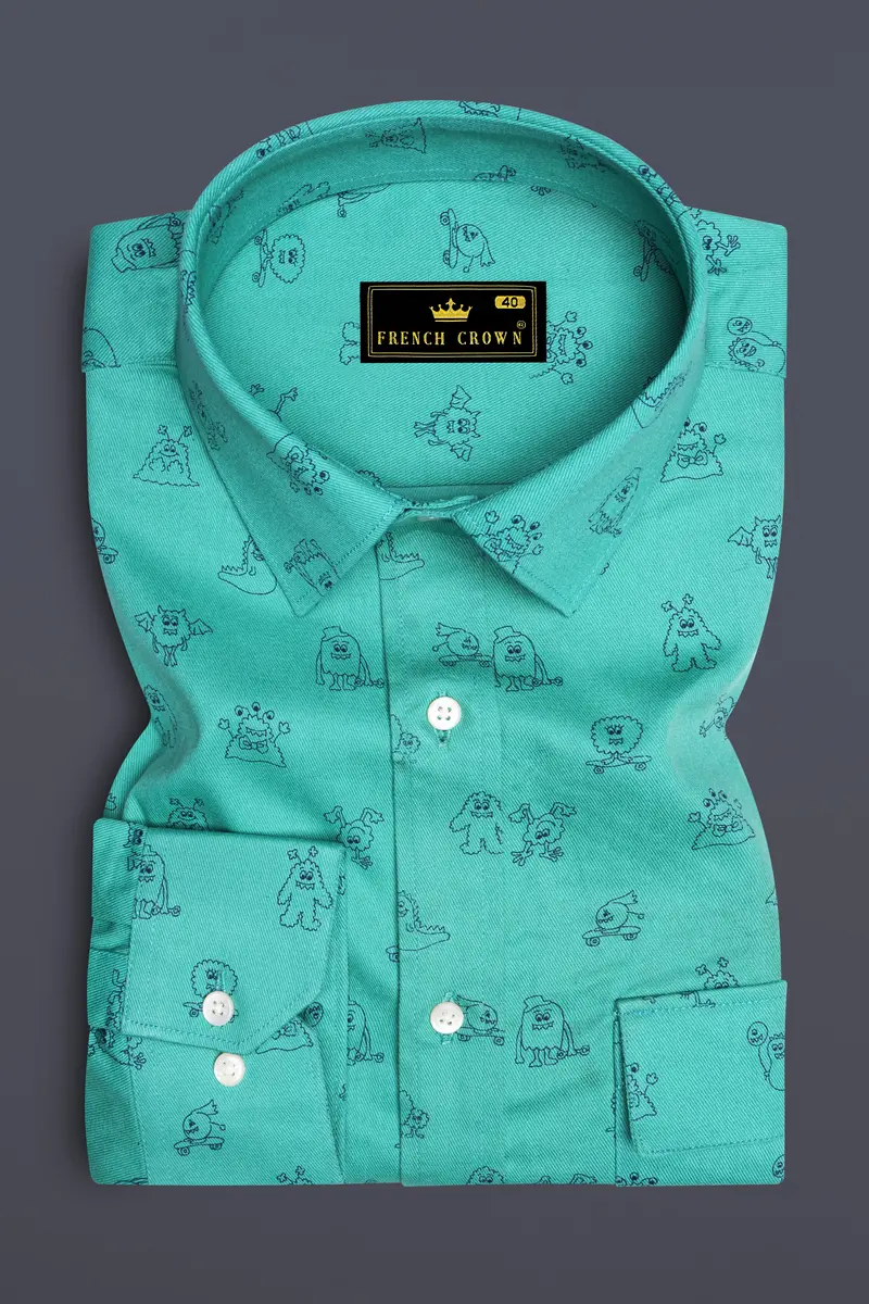Jellyfish Green With Alien Printed Royal Oxford Designer Shirt 2