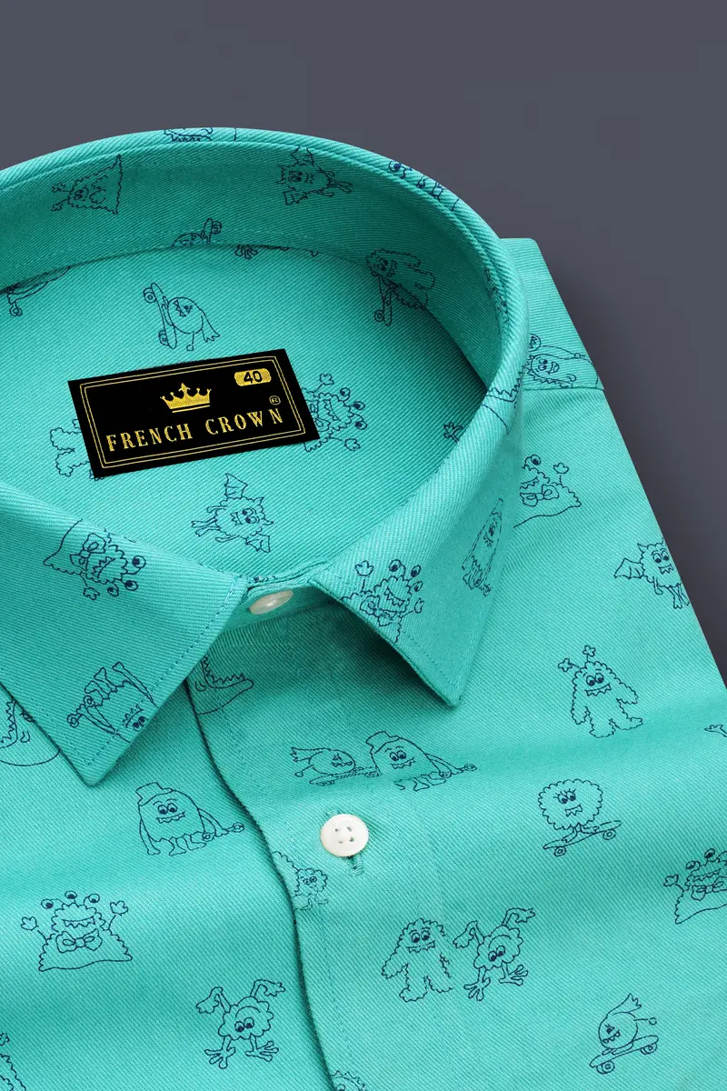 Jellyfish Green With Alien Printed Royal Oxford Designer Shirt 4