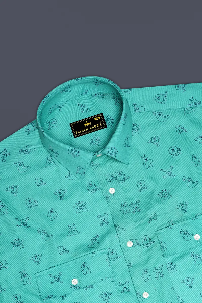 Jellyfish Green With Alien Printed Royal Oxford Designer Shirt 5