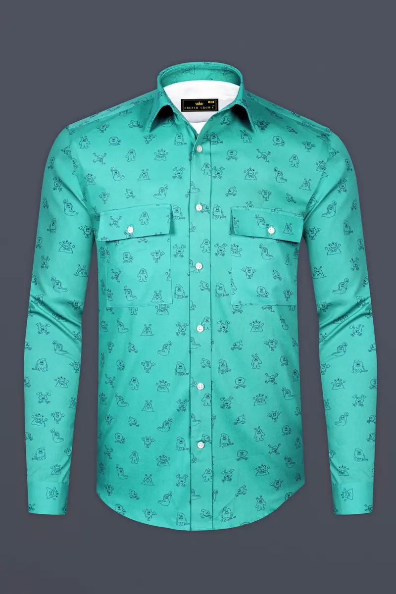 Jellyfish Green With Alien Printed Royal Oxford Designer Shirt 6
