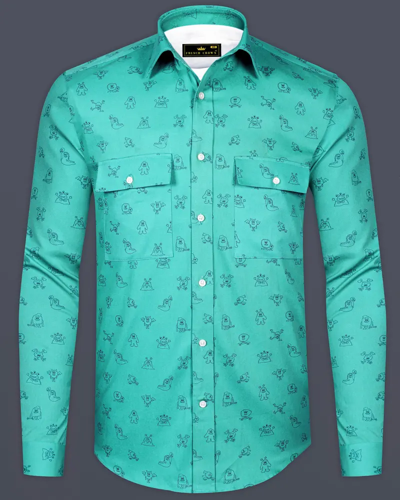 Jellyfish Green With Alien Printed Royal Oxford Designer Shirt 8