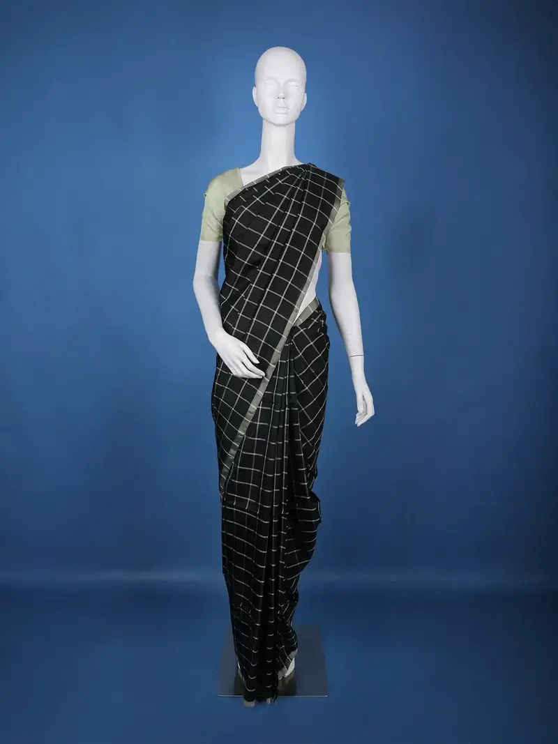 Jet Black And Silver Checked Woven Soft Silk Saree 1
