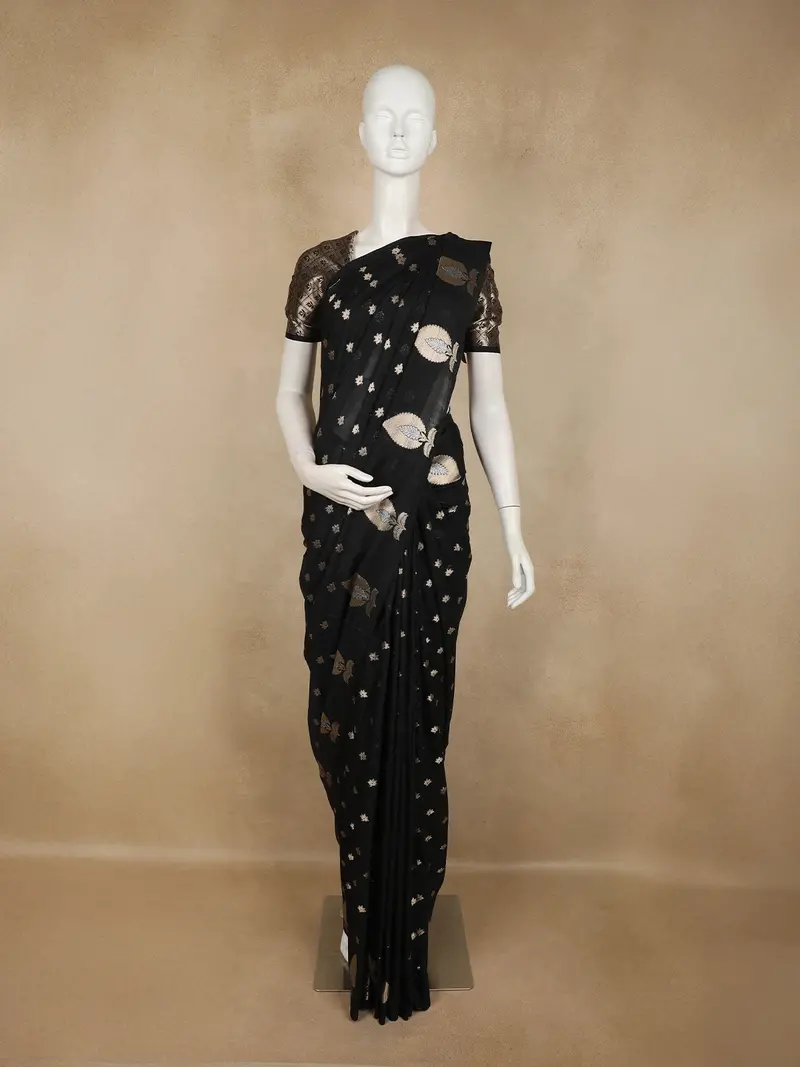 Jet Black Butta Woven Design Chanderi Silk Fancy Saree 1