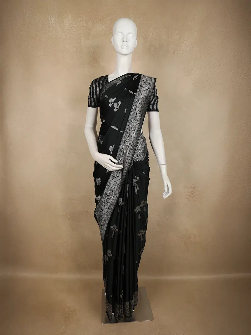 Jet Black Floral Zari Woven Design Pure Banarasi Silk Saree With Zari Border 1