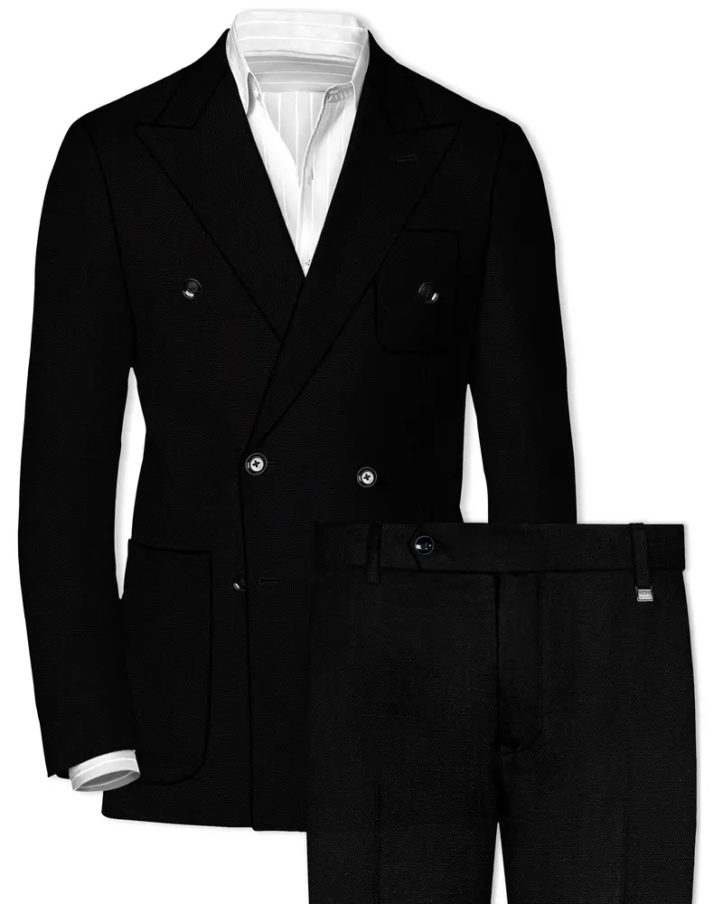 Jet Black Solid Luxurious Linen Double-Breasted Sports Suit 1