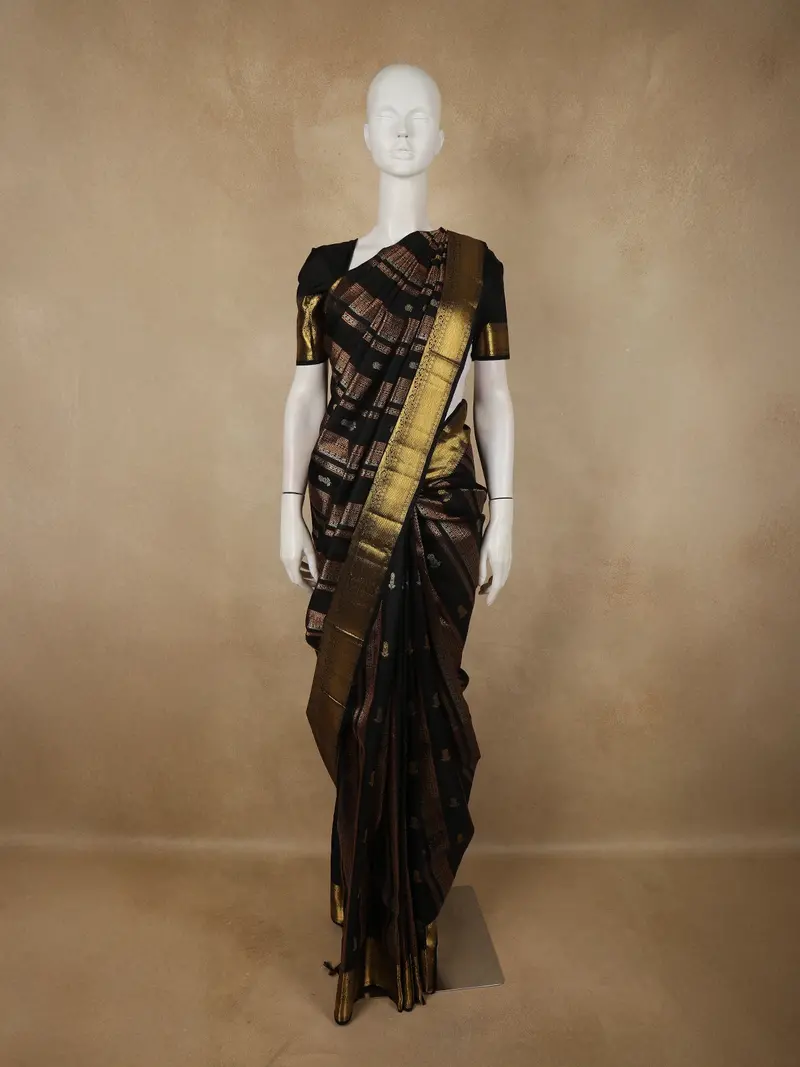 Jet Black Striped Woven Design Pure Kanchipuram Silk Saree With Contrast Zari Border 1