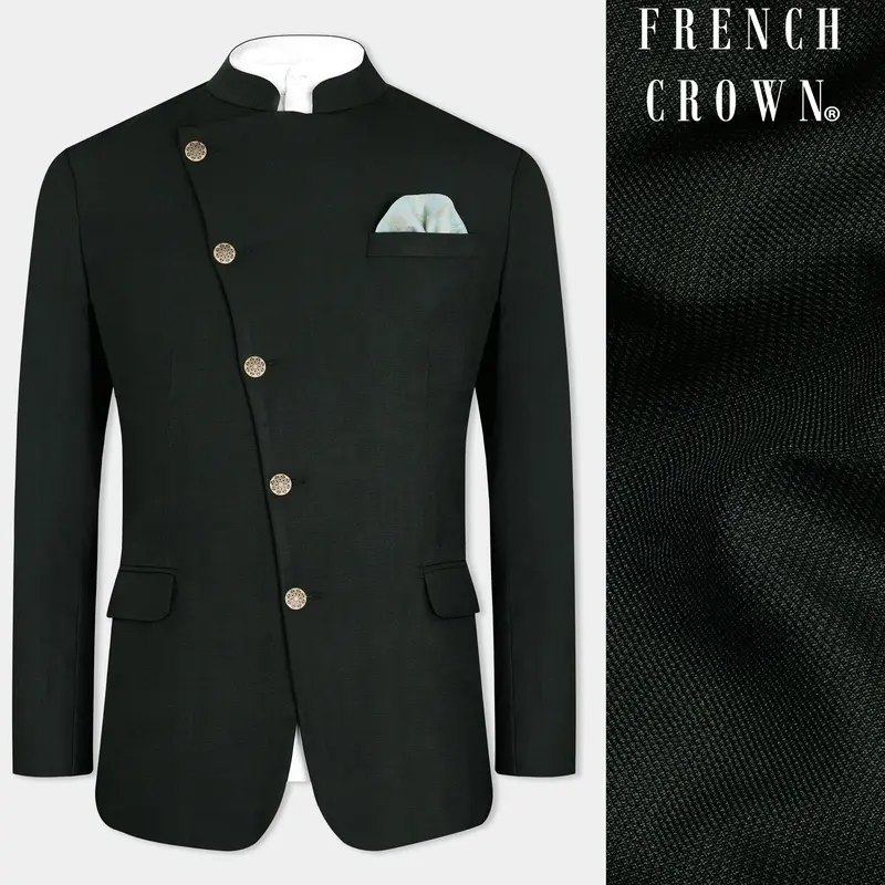 Kaitoke Green Wool Rich Cross Placket Bandhgala Blazer 1