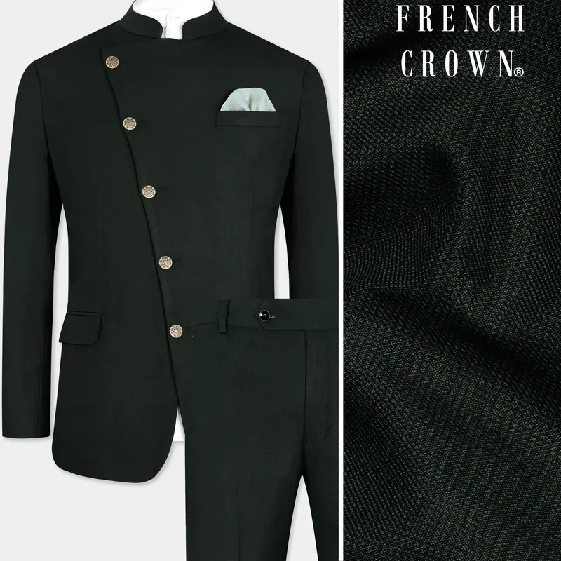 Kaitoke Green Wool Rich Cross Placket Bandhgala Suit 1