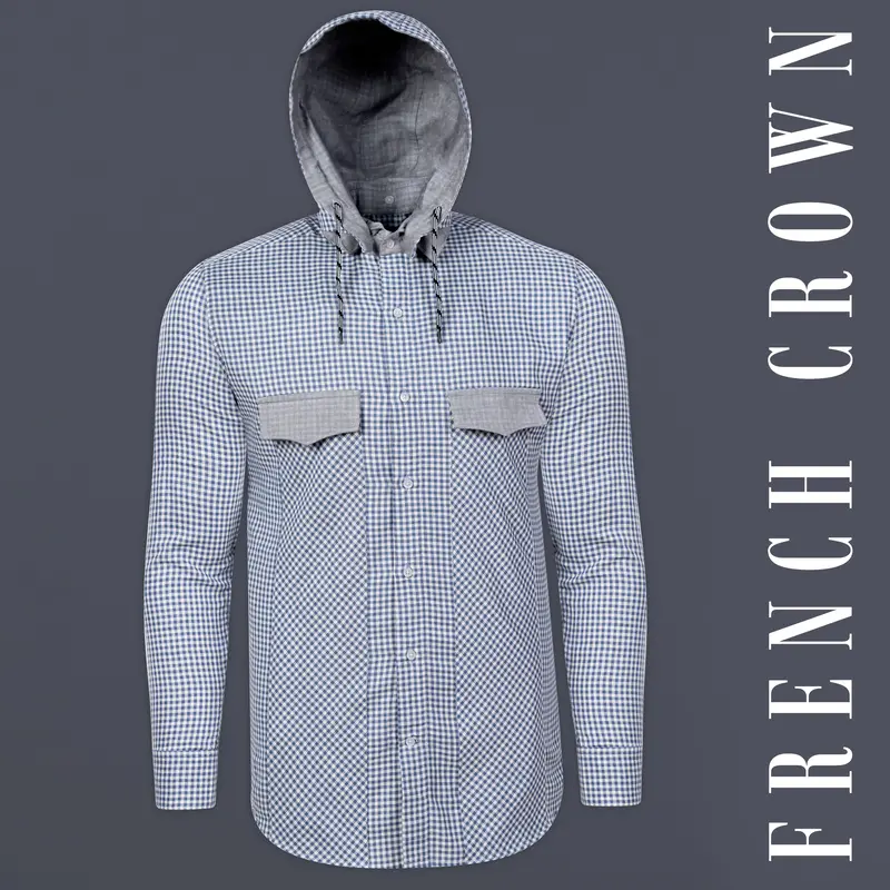 Kashmir Blue And Bright White Plaid Chambray Detachable Hoodie Jacket 1