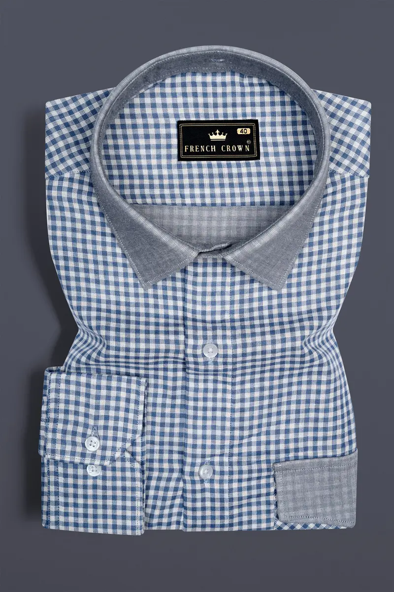 Kashmir Blue And Bright White Plaid Chambray Detachable Hoodie Jacket 7