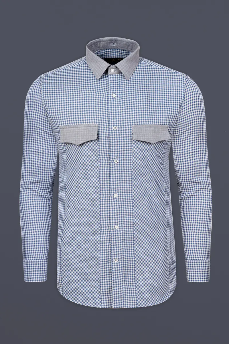 Kashmir Blue And Bright White Plaid Chambray Detachable Hoodie Jacket 8
