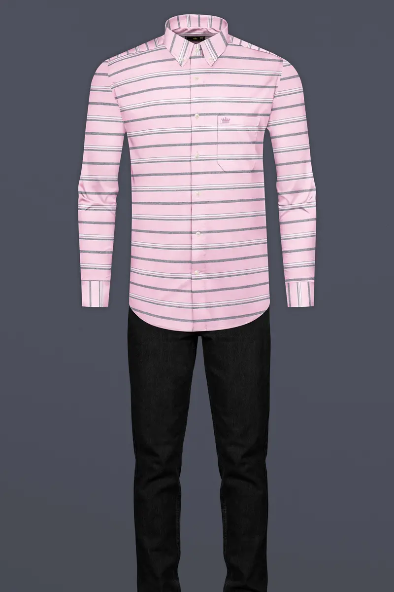 Kawaii Pink And Cadet Grey Striped Oxford Shirt 6