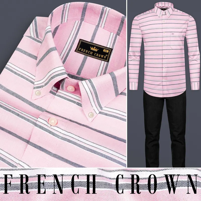 Kawaii Pink And Cadet Grey Striped Oxford Shirt 9