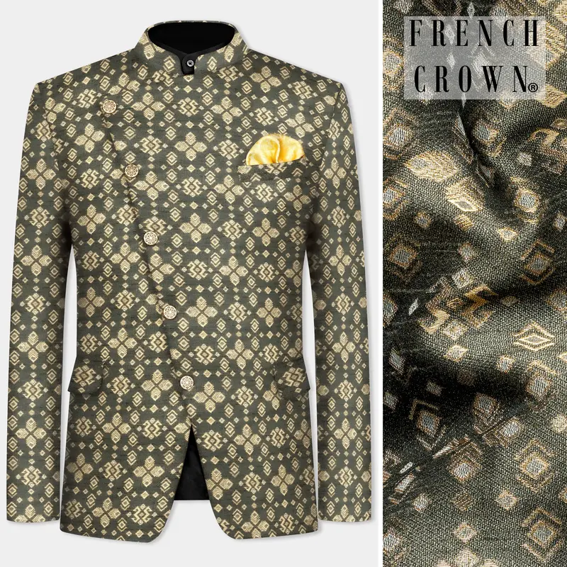 Kelp Green And Fawn Brown Jacquard Weave Cross Placket Bandhgala Jodhpuri 1