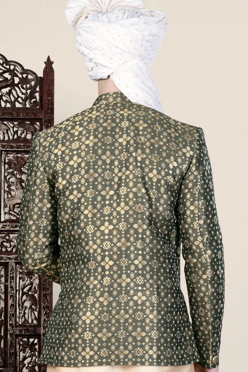 Kelp Green And Fawn Brown Jacquard Weave Cross Placket Bandhgala Jodhpuri 10